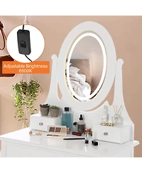 homfan Modern Vanity Desk with Led Lighted Oval Mirror, 3 Lighting Modes, Cushioned Stool, 3 Storage Drawers, Dressing Table Set for Bedroom