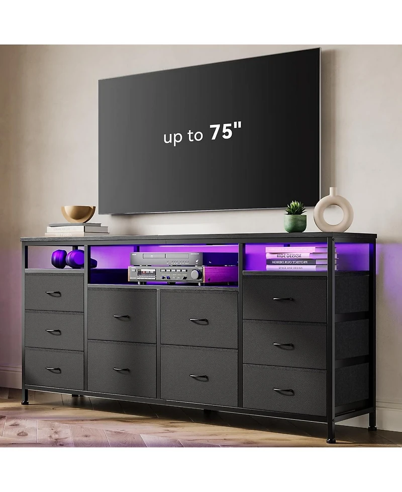 gaomon Dresser Tv Stand with 10 Fabric Drawers Built Usb Ports Led Lighting Wide Storage Unit for 75inch TVs