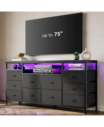 gaomon Dresser Tv Stand with 10 Fabric Drawers Built Usb Ports Led Lighting Wide Storage Unit for 75inch TVs