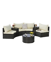 Asagikoiai 7-Piece Outdoor Half-Moon Sectional Patio Furniture Set with Glass Table-Asagikoiai