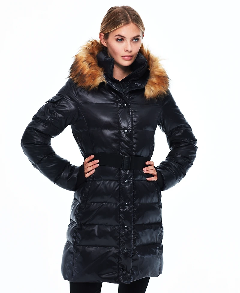 S13 Women's Faux-Fur Hooded Belted Shine Puffer Coat