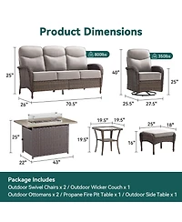 Pocassy 7pieces Patio Furniture Set with 6-inch Thick Cushion, Outdoor Wicker Conversation Fire Pit Table, Swivel Chairs, Sofa, Side Table