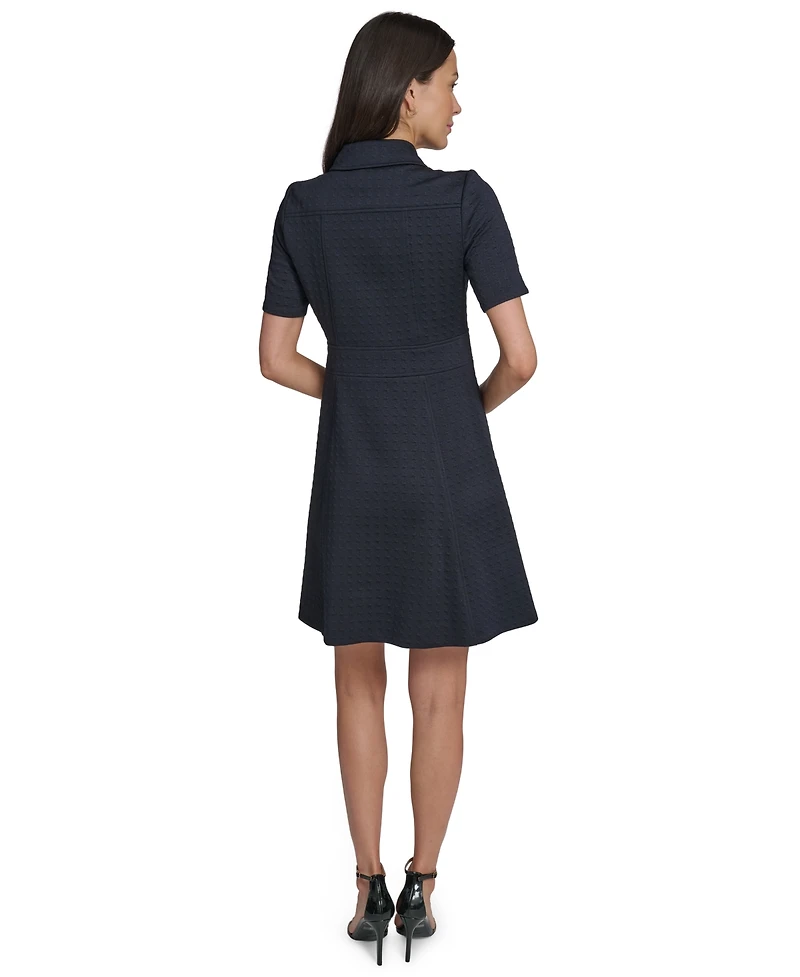 Tommy Hilfiger Women's Short-Sleeve Textured Knit Front Zipper Shift Dress