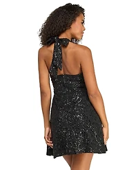 Emerald Sundae Juniors' Halter Neck Sequin Embroidered Lace Fit & Flare Short Dress