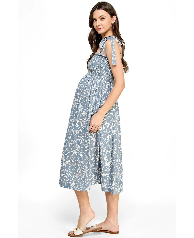 Hello Miz Women's Maternity Floral Smocked Sleeveless Tie-Shoulder Midi Dress