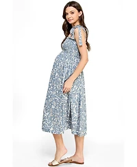 Hello Miz Women's Maternity Floral Smocked Sleeveless Tie-Shoulder Midi Dress