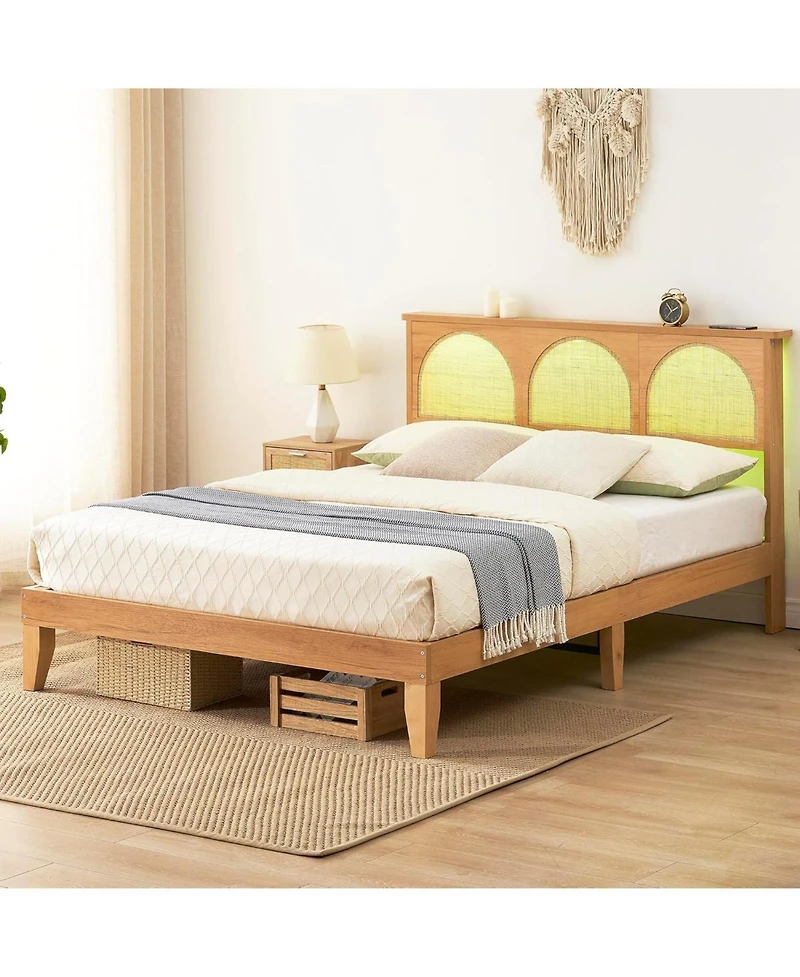 gaomon Deluxe Wooden Bed Frame with Natural Rattan Headboard, Modern Rustic Style and Strong Wood Slat Support