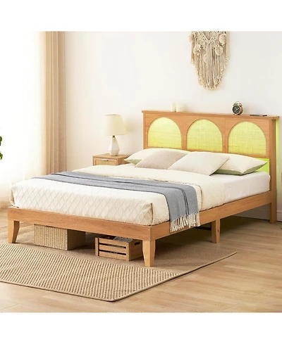 gaomon Deluxe Wooden Bed Frame with Natural Rattan Headboard, Modern Rustic Style and Strong Wood Slat Support