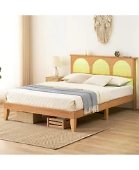 gaomon Deluxe Wooden Bed Frame with Natural Rattan Headboard, Modern Rustic Style and Strong Wood Slat Support