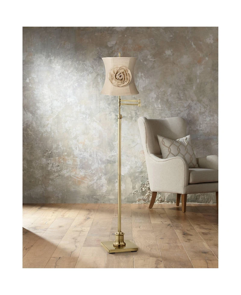 360 Lighting Traditional Swing Arm Floor Lamp Adjustable Height 70" Tall Antique Brass Almond Flower Linen Drum Shade Living Room Bedroom