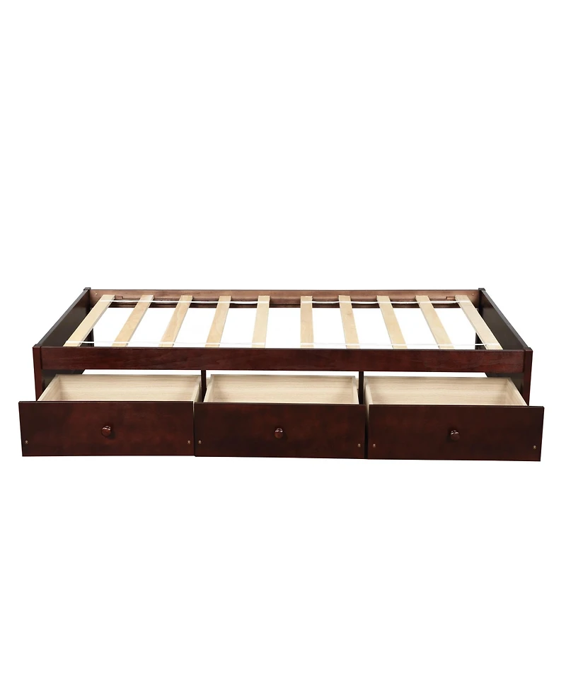 Boyel Living Twin Platform Bed with 3 Drawers, Solid Pinewood Storage Frame, Wood Finish, for Kids and Teens