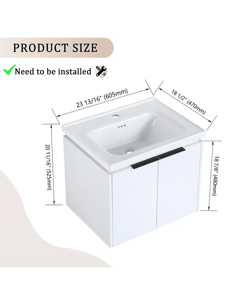 Sillysis 24 Inch Wall Mounted Bathroom Vanity with Ceramic Sink, Soft Close Doors, Modern Floating Cabinet for Small Spaces