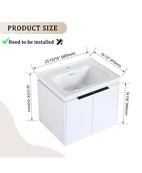Sillysis 24 Inch Wall Mounted Bathroom Vanity with Ceramic Sink, Soft Close Doors, Modern Floating Cabinet for Small Spaces