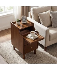 Gymax Wood Nightstand w/ 2 Drawers Narrow Bedside Table w/ Pull-out Tray and Cable