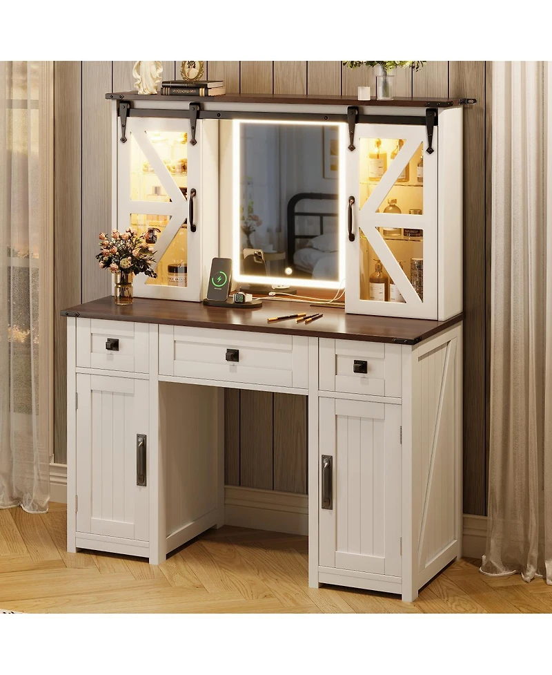 Streamdale Furniture 43.3'' Farmhouse Vanity Desk with Lighted Mirror Charging Station and Storage