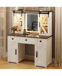 Streamdale Furniture 43.3'' Farmhouse Vanity Desk with Lighted Mirror Charging Station and Storage