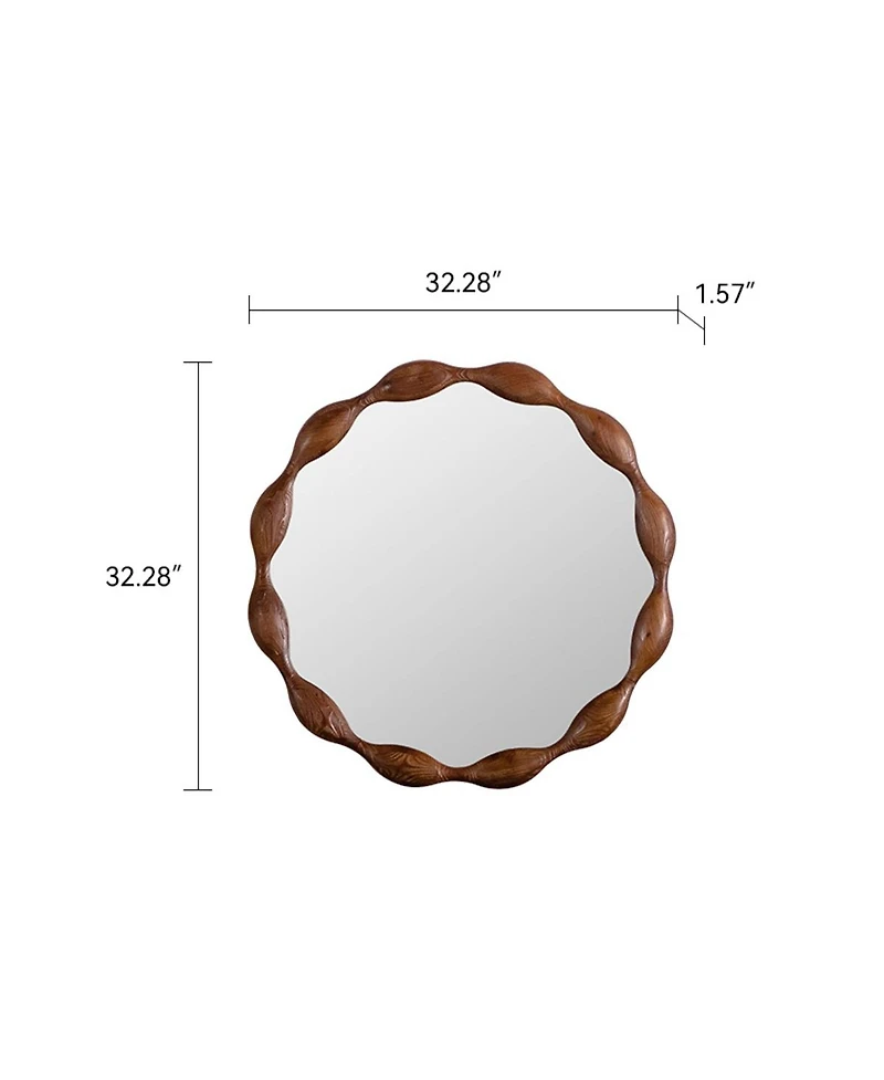 Laoties 32" Wavy Round Wood Wall Mirror, Modern Rustic Decorative Accent Mirror for Living Room and Entryway