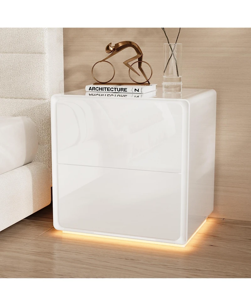 Homsee Modern Nightstand with Storage - 20-Inch Glossy Mdf Bedside Table with Led Light Strip | Minimalist Nightstand for Bedroom