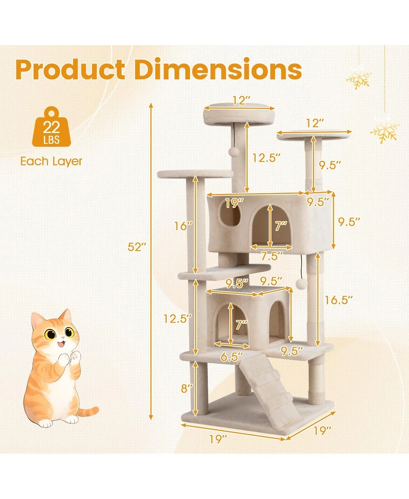 Gymax 52'' Tall Cat Tree Tower Condos Plush Padded Perch Sisal Scratching Posts