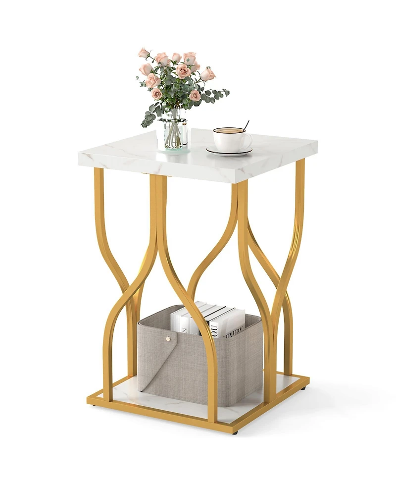 Gymax Faux Marble Nightstand 2-Tier End Table w/Storage Shelf Metal Frame for Bedroom