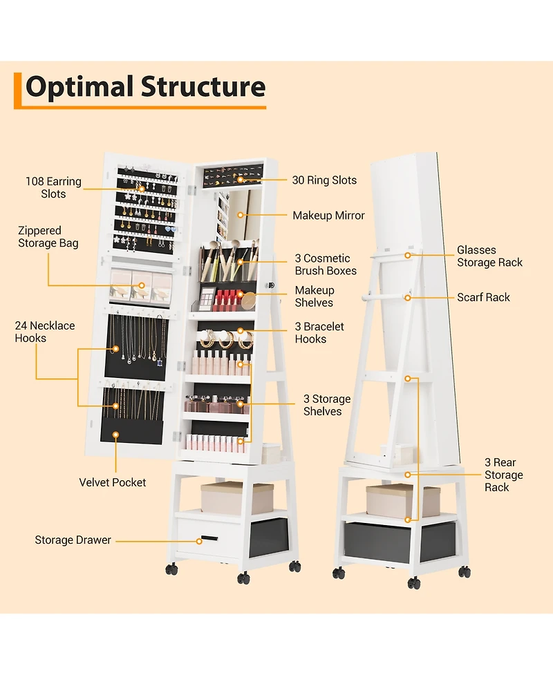 homfan Standing Jewelry Armoire with Full-Length Mirror, 360degree(s) Swivel Base and Lockable Storage - Elegant Multi-Functional Organizer