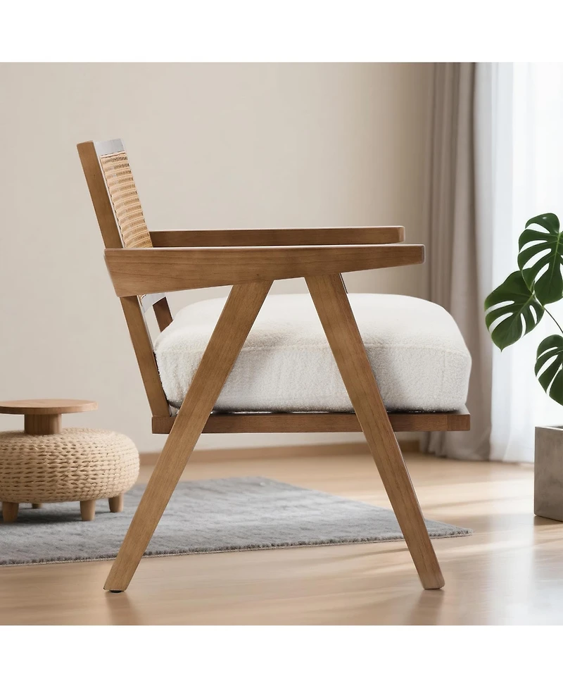 homfan Set of 2 Mid-Century Accent Chairs, Wood with Rattan Backrest, Linen Cushion, for Living Room or Bedroom, Easy Assembly