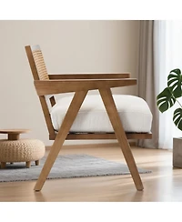 homfan Set of 2 Mid-Century Accent Chairs, Wood with Rattan Backrest, Linen Cushion, for Living Room or Bedroom, Easy Assembly
