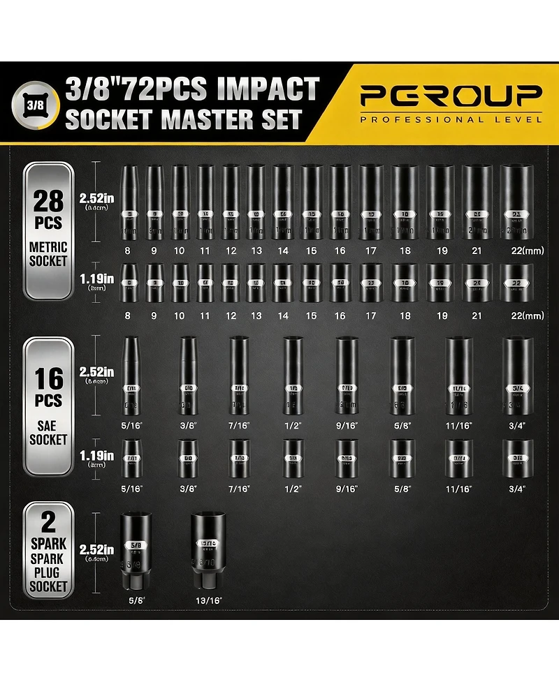 Xdovet 3/8inches Drive Impact Socket Set 72pieces Sae Metric Spark Plug 6 Point Deep Shallow Ratchet Cr-v