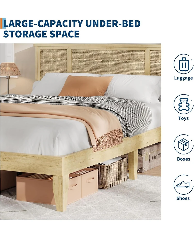 gaomon Bed Frame with Natural Rattan Headboard, 4 Drawers, Sturdy Metal Base, Boho-Style Cane Support, No Box Spring Required