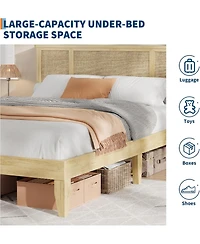 gaomon Bed Frame with Natural Rattan Headboard, 4 Drawers, Sturdy Metal Base, Boho-Style Cane Support, No Box Spring Required