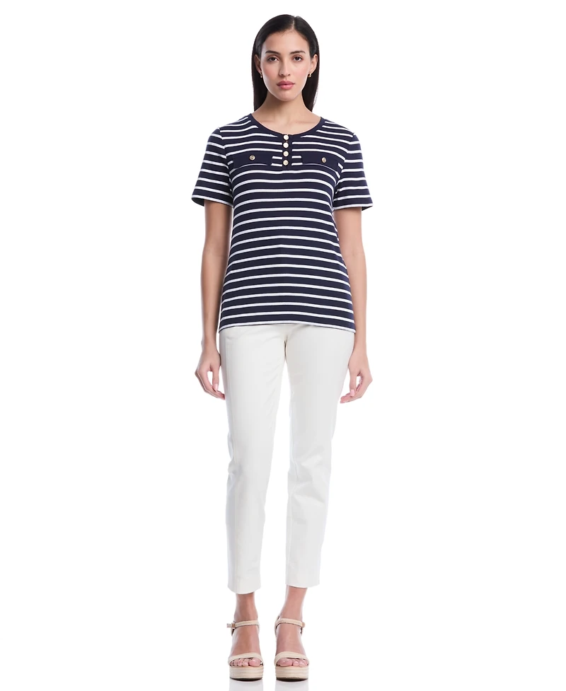 Rafaella Petite Striped Welt Pocket Short-Sleeve Top