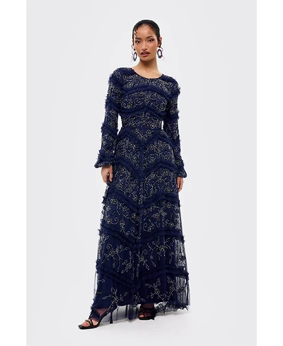 Maryisa Women's Modest Embellished Sequins Ruffle Maxi Dress