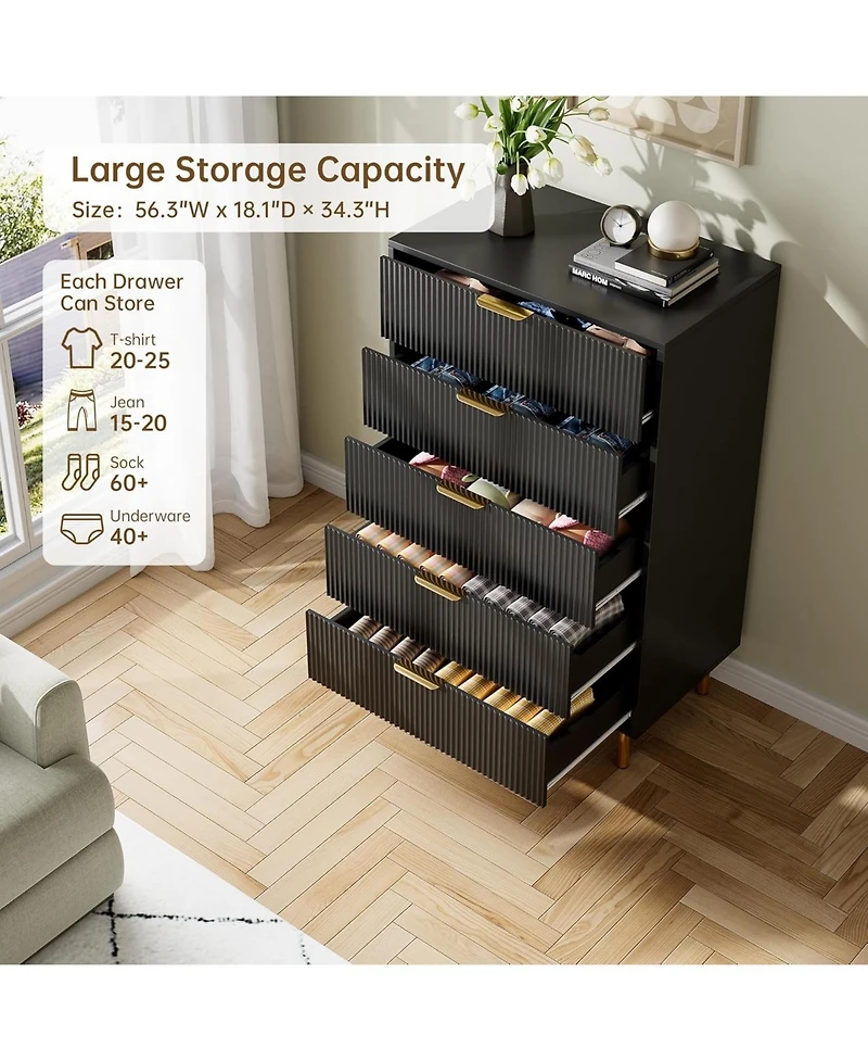 gaomon 5 Drawer Dresser for Bedroom, 48" Tall Modern Chest of Drawers with Metal Handles & Anti-Tipping Device, Fluted Wooden Organizer