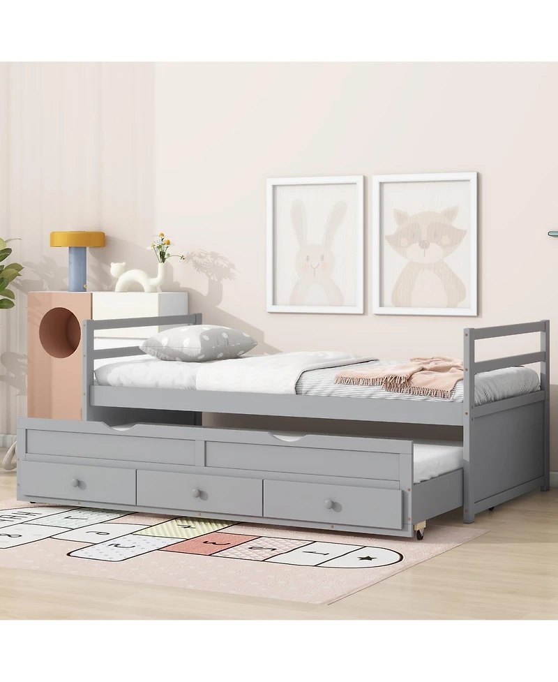 Sailvan Bed with Headboard, Footboard, Trundle and 3 Storage Drawers, Pine Wood Bed