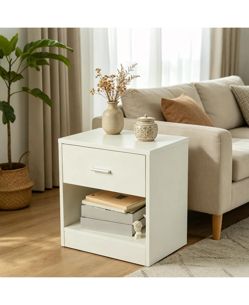 gaomon Nightstand, Modern Wood Bedside Table with Drawer and Open Shelf, 15.35" x 11.02" x 16.14", Storage End Table Cabinet