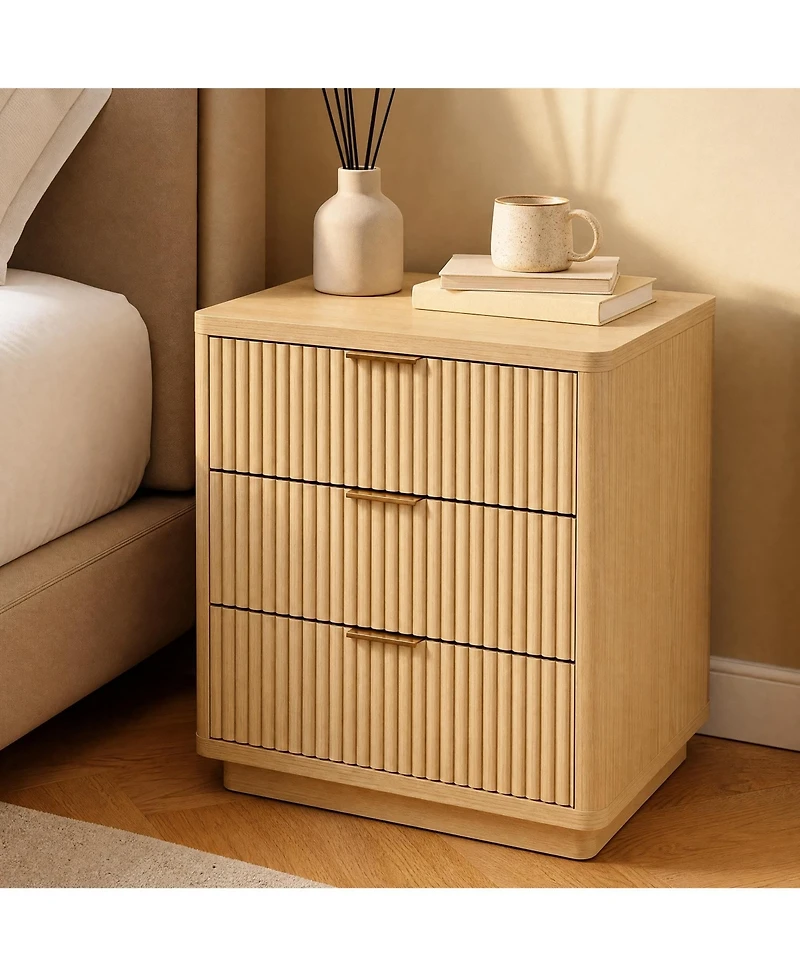 gaomon Set of 2 Fluted Nightstand, 3 Drawer Bedside Table with Charging Station, Light Wood End Table with Ac and Usb Ports and Metal Handles