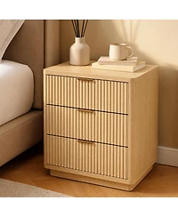 gaomon Set of 2 Fluted Nightstand, 3 Drawer Bedside Table with Charging Station, Light Wood End Table with Ac and Usb Ports and Metal Handles