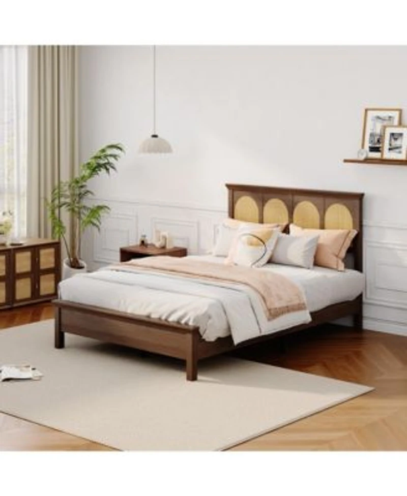 Homfan Bed Frame With Rattan Headboard Wooden Platform Bed With Storage Shelf Under Bed Storage For Bedroom
