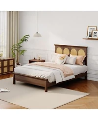 Homfan Bed Frame With Rattan Headboard Wooden Platform Bed With Storage Shelf Under Bed Storage For Bedroom
