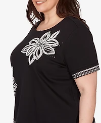 Alfred Dunner Plus Crowd Pleaser Flower Sequin Lace Border Top