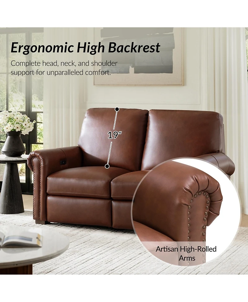 Hulala Home Igon 86.25" Traditional Down-Filled Genuine Leather Power Reclining Sofa.