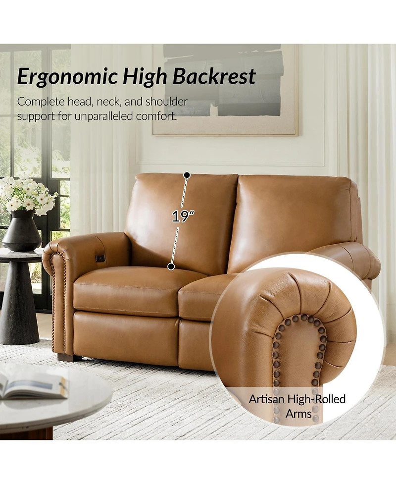 Hulala Home Igon 86.25" Traditional Down-Filled Genuine Leather Power Reclining Sofa.