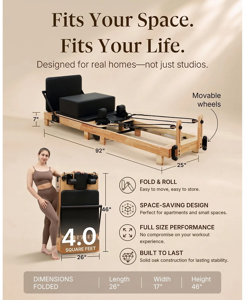 Mikolo 92" Wooden Pilates Reformer Machine with Springs for Home and Studio, Complete Set with Sitting Box, Jump Board and Accessories