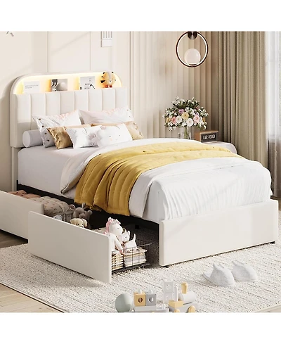 gaomon Bed Frame with 2 Flexible Drawers, Upholstered Platform Bookcase Headboard and Led Lights
