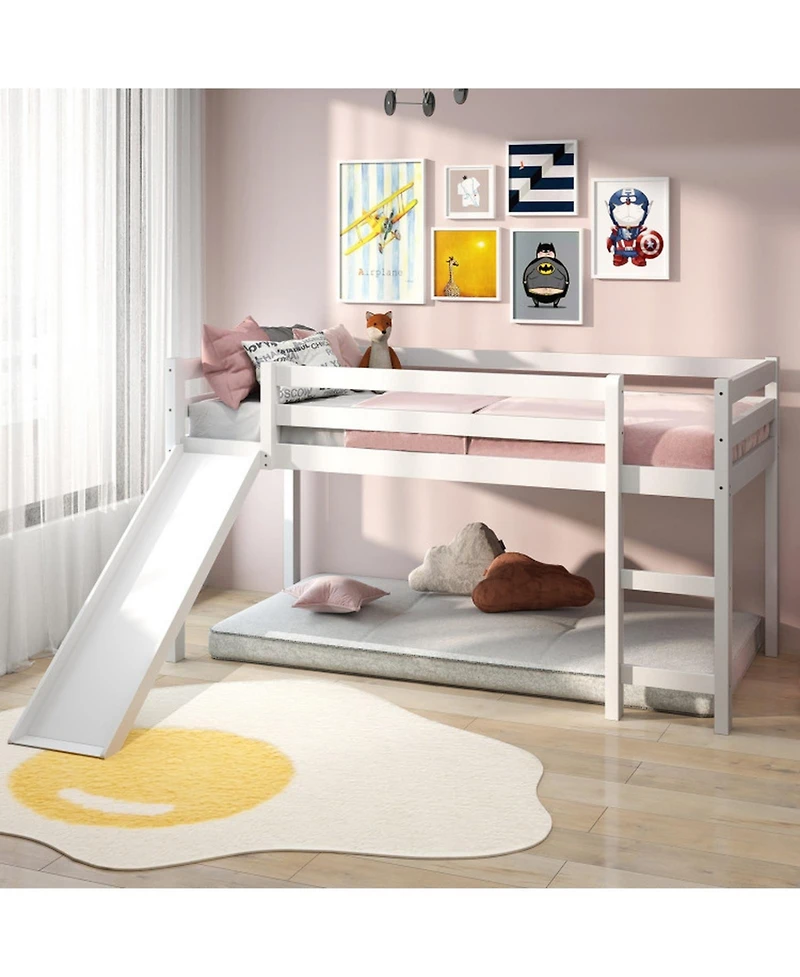 Gouun Twin Low Loft Bed with Slide and Double Ladder Access