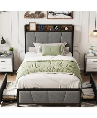 Homfan Upholstered Bed Frame With Storage Headboard Charging Station 2 Drawers Metal Slat Support No Box Spring Needed