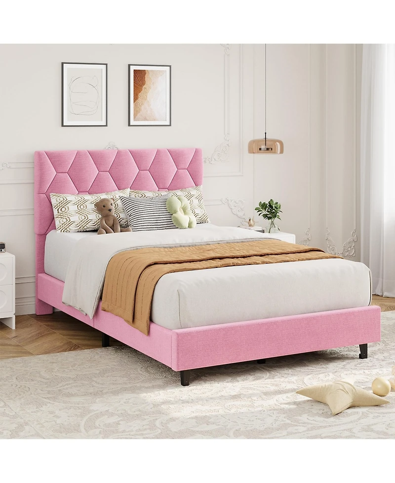 homfan Modern Upholstered Platform Bed Frame, Adjustable Padded Fabric Headboard, Heavy Duty Wooden Slats, No Box Spring Needed, Noise-Free