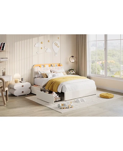 homfan Bed Frame with 2 Flexible Drawers, Velvet Upholstered Platform Bookcase Headboard and Led Lights, Easy Assembly, Noise Free