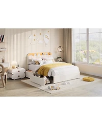 homfan Bed Frame with 2 Flexible Drawers, Velvet Upholstered Platform Bookcase Headboard and Led Lights, Easy Assembly, Noise Free