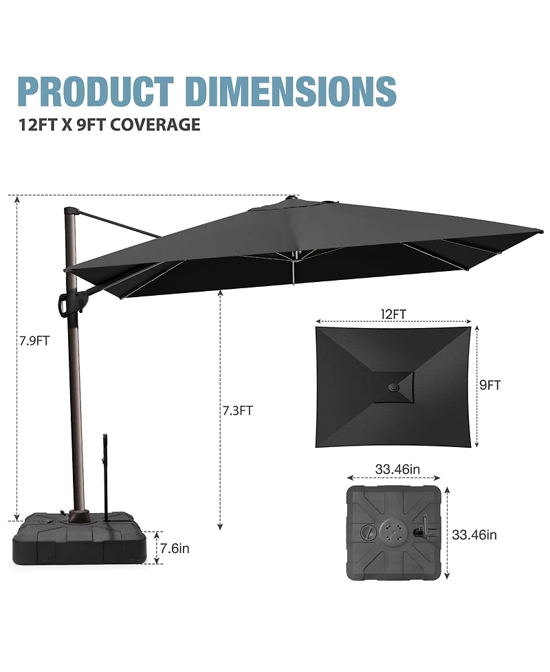 Pellebant Outdoor Patio 9X12Feet Aluminum Cantilever Umbrella with Rod Wheel Base